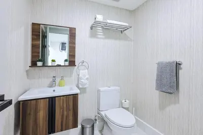 a bathroom with a toilet and a sink and a mirror at Upscale Condo, Spectacular Views in Santo Domingo