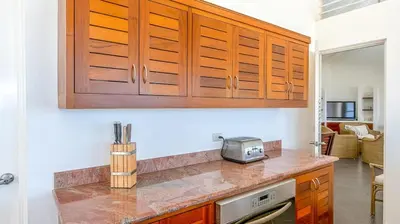a kitchen with wooden cabinets and a counter top at Casa Las Piedras in Las Terrenas