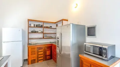 a kitchen with a refrigerator and a microwave at Casa Las Piedras in Las Terrenas