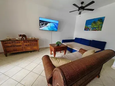a living room with a couch and a table at Apartman Tamarindo in La Laguna