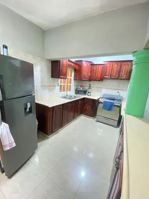 a kitchen with wooden cabinets and a stainless steel refrigerator at Alojamiento en Bani, cerca de la playa y las Dunas in Colorado