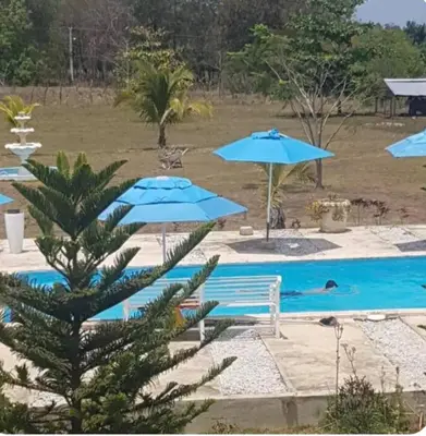 a group of blue umbrellas and a swimming pool at Villa Rancho losindios