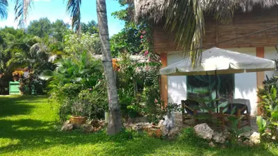 a house with a chair and an umbrella in a yard at Studio surrounded by nature in Cabarete