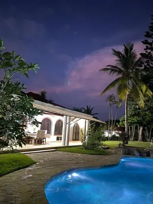 a house with a swimming pool in front of it at Villa twin palm in Sosúa