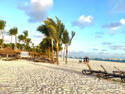 a beach with chairs and palm trees and the ocean at Vista del Sol Pool and Beach los Corales Rd in Punta Cana
