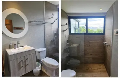 two pictures of a bathroom with a toilet and a shower at Bayshore 76 Beachfront Villa Palmar de ocoa in Palmar de Ocoa