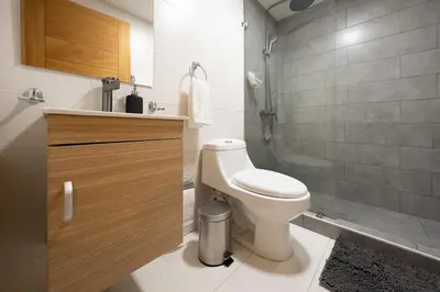 a small bathroom with a toilet and a shower at City Center, 2-BR Suite close to Shops, Restaurants, Bars and More in Santo Domingo