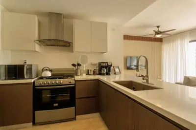 a kitchen with a stove and a sink at PB 3 hab | con piscina privada + laguna cristalina in Punta Cana