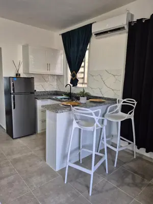 a kitchen with a refrigerator and two white bar stools at ENE Apartments Nagua 1B in Nagua