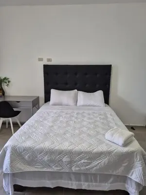 a bedroom with a large bed with a black headboard at ENE Apartments Nagua 1B in Nagua