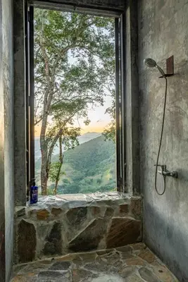 a window in a bathroom with a view of a tree at House Cottage in Caribbean Mountains 2