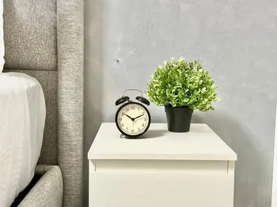 a clock sitting on a table next to a potted plant at RoblestRoom in Santiago de los Caballeros