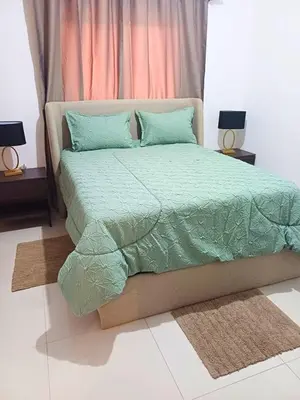 a bed with a green comforter and two pillows at Sunrise Apartments in San Felipe de Puerto Plata