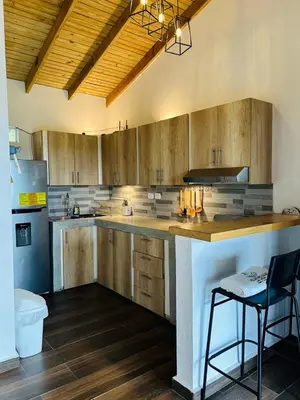 a kitchen with wooden cabinets and a bar with a chair at Villa ana in Colorado