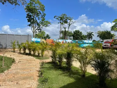 a row of palm trees in front of a pool at Rancho paraíso escondido in San Pedro de Macorís