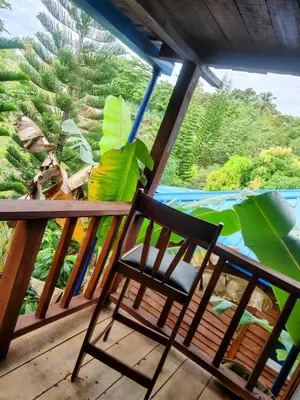 a chair on a balcony with a view of a jungle at Montaña viva in Sánchez