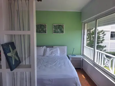 a bedroom with green walls and a bed with a window at comfortable apartment in La Puntica de Juan Dolio