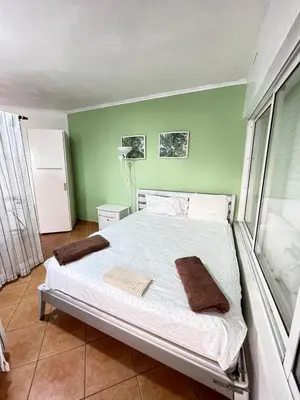 a bedroom with a bed and a green wall at comfortable apartment in La Puntica de Juan Dolio