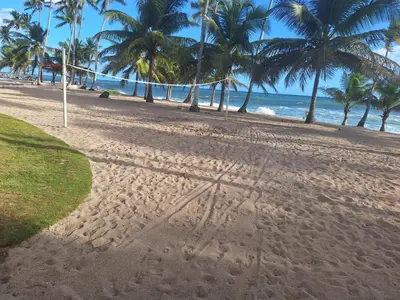 a hammock on a beach with palm trees and the ocean at marina view in La Puntica de Juan Dolio