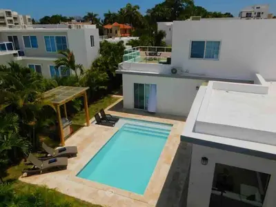 an aerial view of a house with a swimming pool at Sunbreeze Villa in Oceanfront Sosua Ocean Village in Sosúa
