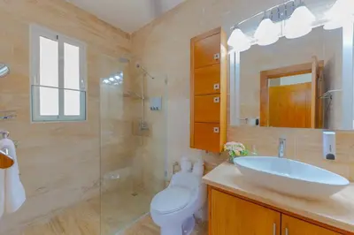 a bathroom with a sink and a toilet and a shower at Coastal Oasis in Oceanfront Comm Sosua Ocean Village in Sosúa