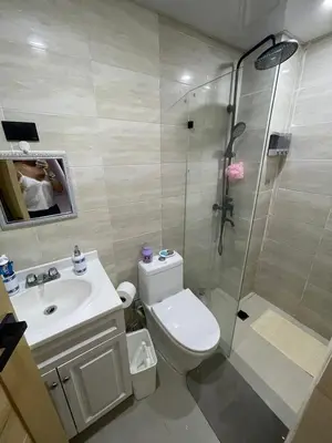 a bathroom with a shower and a toilet and a sink at Romana Residence Vacationing Apartment in Cumayasa Kilómetros Diez