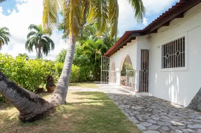 a palm tree next to a white house at Villa silenziosa e sicura al centro di Las Galeras in Las Galeras