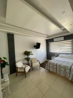 a bedroom with a bed and a tv and chairs at Style and comfort in downtown Santiago in Santiago de los Caballeros