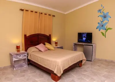 a bedroom with a bed and a tv in it at Hotel la Saladilla Beach Club in Santa Cruz de Barahona