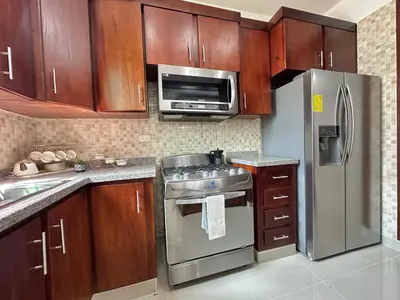 a kitchen with wooden cabinets and a stainless steel refrigerator at Casa Elegante in Colorado