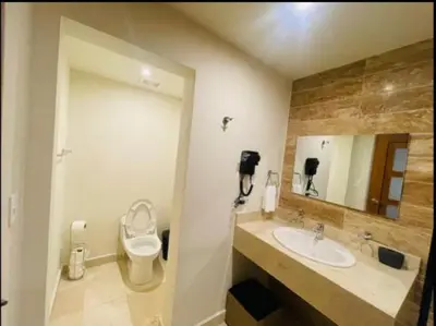 a bathroom with a sink and a toilet and a mirror at Marien Residences 222 Gardenview Condo in Puerto Plata