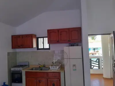 a kitchen with wooden cabinets and a white refrigerator at One bedroom apartment in the center with a pool in Sosúa