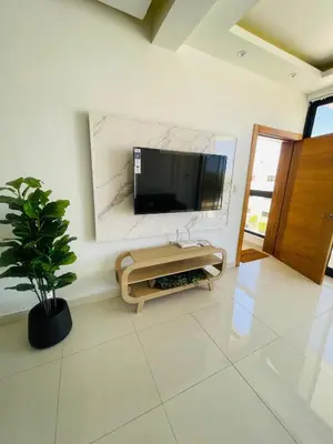 a living room with a tv and a potted plant at Sunset Residences 3BR, Pool & Beach Cosita Rica in Puerto Plata