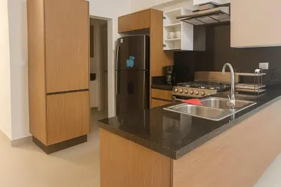 a kitchen with a refrigerator and a counter top at Elegant Downtown Stay Santo Domingo in Santo Domingo