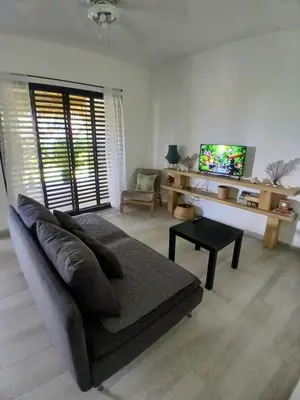 a living room with a couch and a tv at APARTAMENTO EXCLUSIVO Villa Privada Flamboyan in Bayahibe