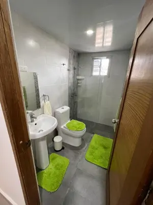 a bathroom with a toilet and a sink with green mats at Beautiful residential area near Avenida España in Los Mameyes
