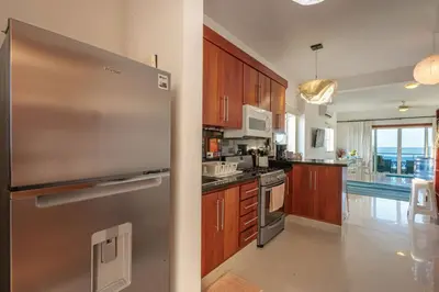 a kitchen with a stainless steel refrigerator and wooden cabinets at Cozy Beach Front Apt, King Bed. in Cabarete