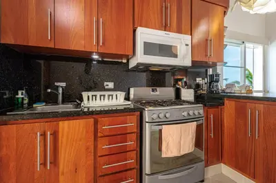 a kitchen with a stove and a microwave at Cozy Beach Front Apt, King Bed. in Cabarete