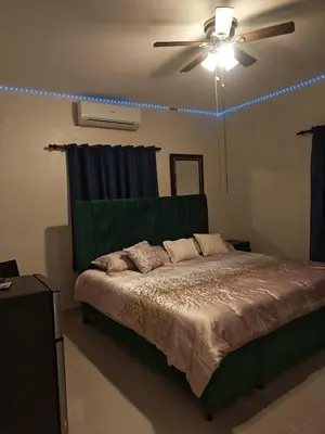 a bedroom with a large bed with a ceiling fan at Cozy apartment, AC, Wifi, 2 Bedroom, 2 bath, Bani, 1-A in Baní