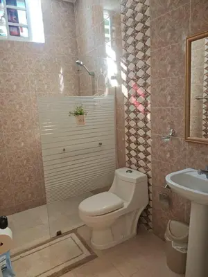 a bathroom with a toilet and a shower and a sink at Cozy apartment, AC, Wifi, 2 Bedroom, 2 bath, Bani, 1-A in Baní