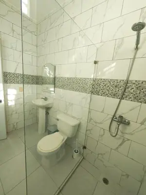 a white bathroom with a toilet and a sink at Cozy apartment, AC, Wifi, 2BR, 2Bath, Bani, 1-B in Baní