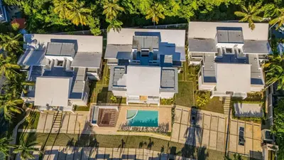 an aerial view of a house with a swimming pool at Caribey 200 meters from Punta Popy beach in Las Terrenas