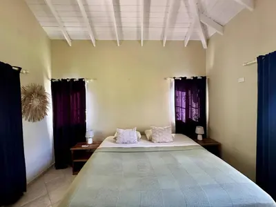 a bedroom with a large bed with purple curtains at Casa Siete Las Terrenas in Las Terrenas