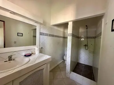 a bathroom with a sink and a shower at Casa Siete Las Terrenas in Las Terrenas