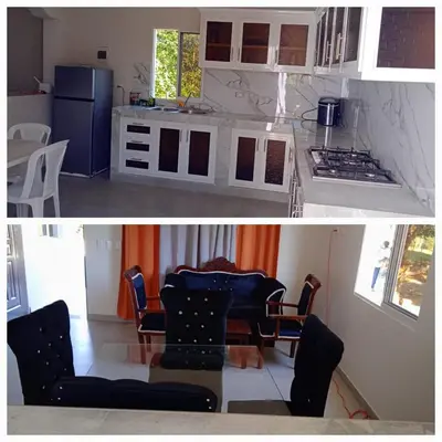 two photographs of a kitchen and a living room at Hermosa casa de campo in Juana Vicenta