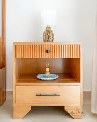 a wooden cabinet with a plate on top of it at Estrella Garden Shaula 304 New Modern Penthouse in La Laguna