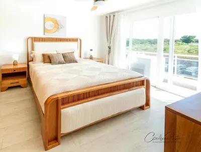 a bedroom with a large bed and a large window at Estrella Garden Shaula 304 New Modern Penthouse in La Laguna