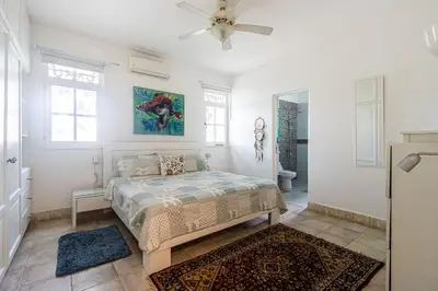 a bedroom with a bed and a ceiling fan at Galeria Beach Front, Top floor in Sosúa