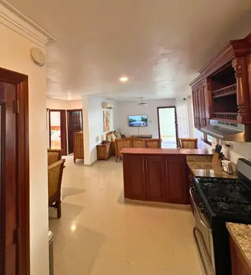 a kitchen and living room with a stove top oven at Apartamento Rosa Hermosa in Punta Cana