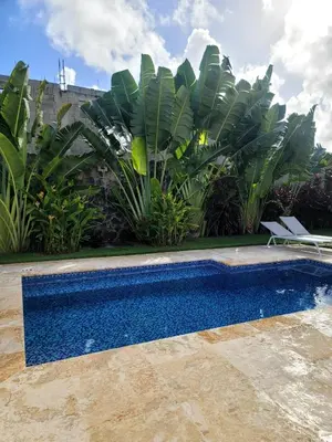 a swimming pool in a yard with plants at Villa Olam in Las Galeras